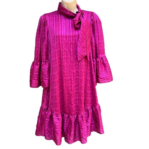 Calvin Klein Dresses & Skirts - Calvin Klein Pink Chiffon Shift Dress Mock Tie Neck Bow 3/4 Sleeve Flounce Sz 2